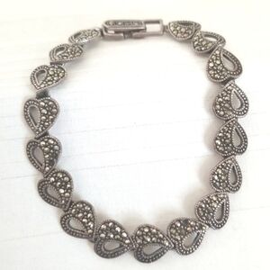 Vintage Sterling Silver Marcasite Heart Link Bracelet